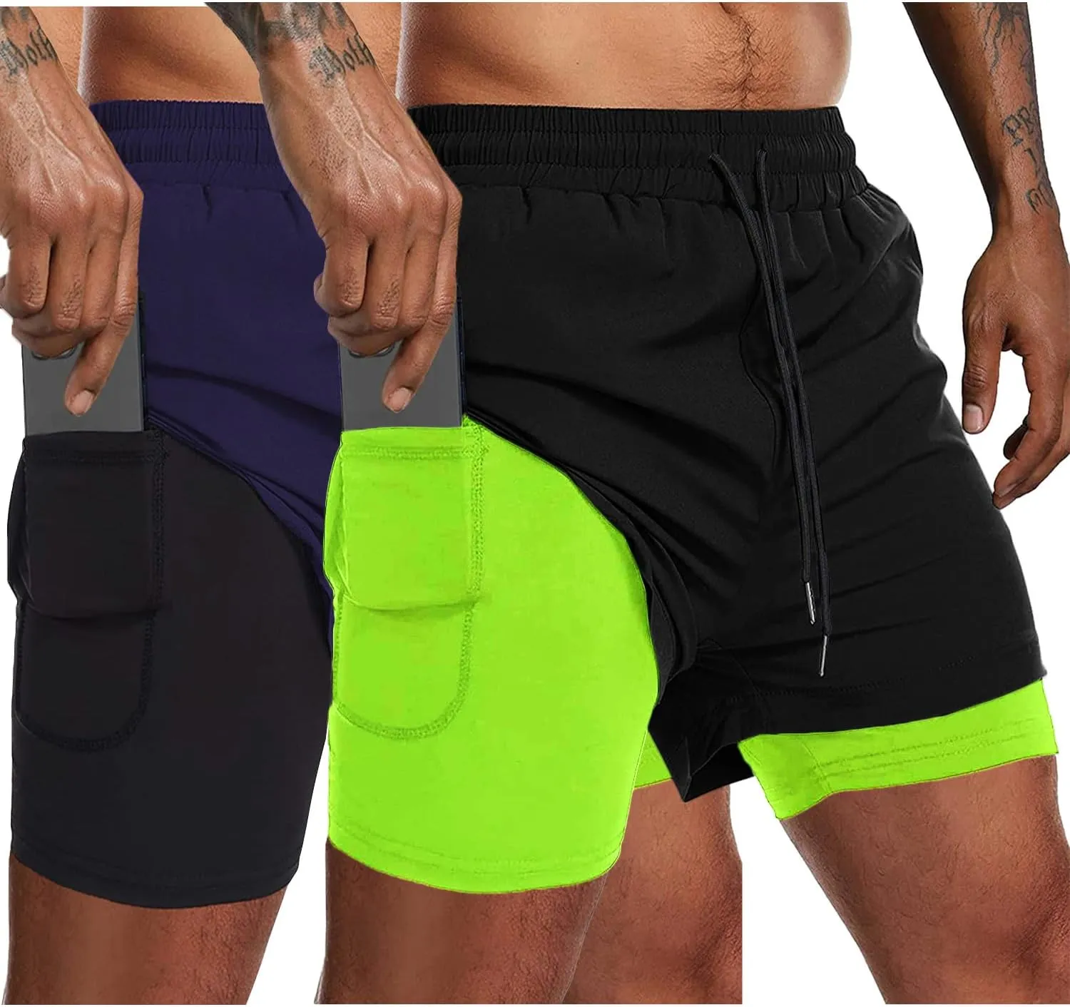 COOFANDY Men's 2 Pack Running Shorts 2 in 1 Workout Shorts Quick Dry Gym Training Athletic Jogger with Phone Pockets