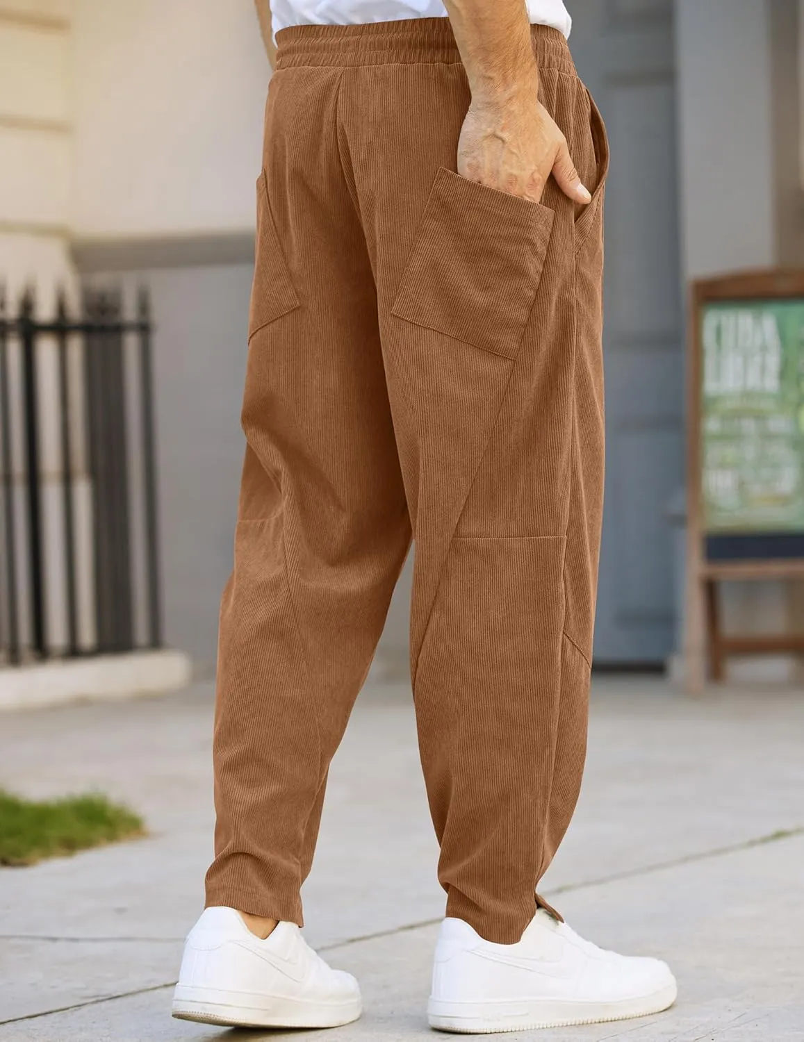 COOFANDY Men's Corduroy Pants Elastic Waist Drawstring Harem Pants Fashion Loose Casual Long Trousers with 4 Pockets