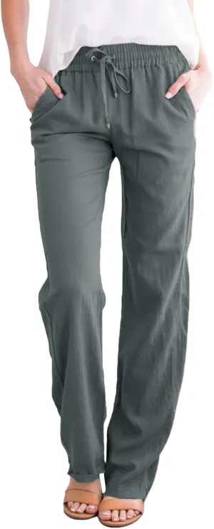 Cotton Linen Pants for Women Casual Loose Lightweight Beach Trousers Wide Leg Cropped Lounge Trousers with Pockets