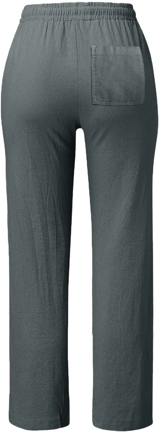 Cotton Linen Pants for Women Casual Loose Lightweight Beach Trousers Wide Leg Cropped Lounge Trousers with Pockets