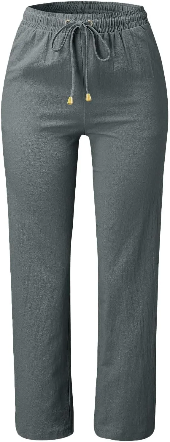 Cotton Linen Pants for Women Casual Loose Lightweight Beach Trousers Wide Leg Cropped Lounge Trousers with Pockets