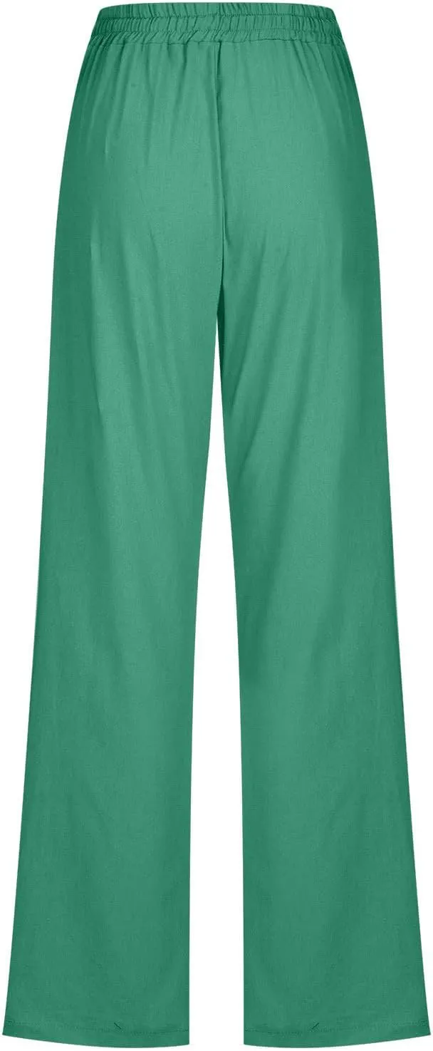 Cotton Linen Pants for Women Drawstring Straight Leg Trousers Lightweight High Waist Casual Pant Beach Travel Clothes