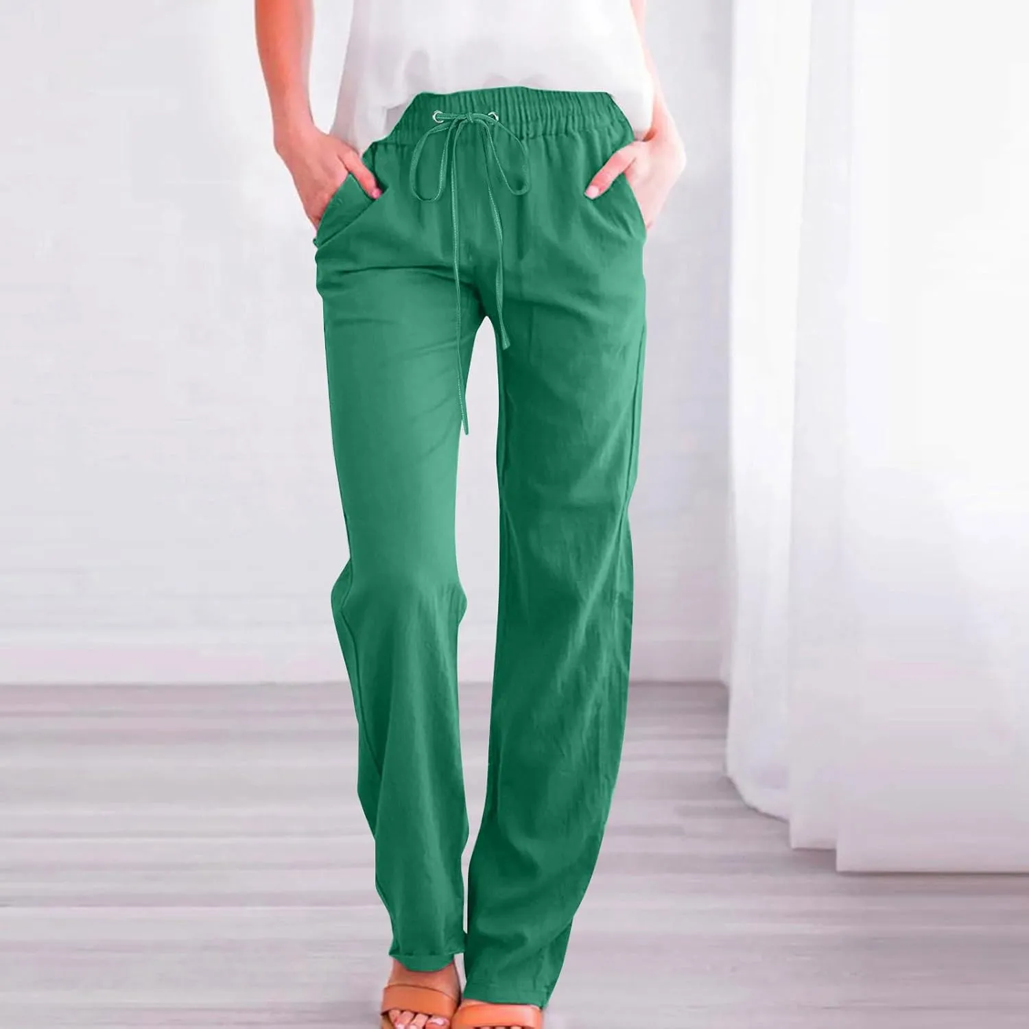 Cotton Linen Pants for Women Drawstring Straight Leg Trousers Lightweight High Waist Casual Pant Beach Travel Clothes