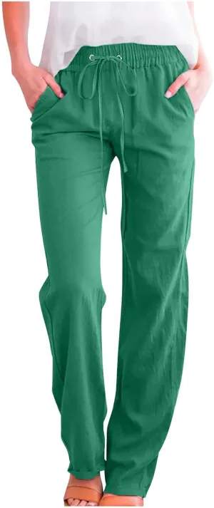 Cotton Linen Pants for Women Drawstring Straight Leg Trousers Lightweight High Waist Casual Pant Beach Travel Clothes