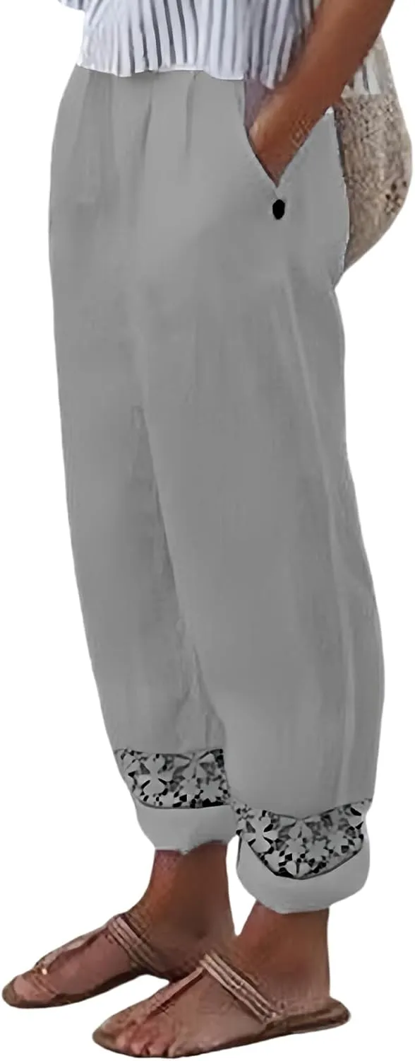 Cotton Linen Pants for Women Summer Elastic High Waisted Lightweight Wide Leg Beach Trousers Baggy Harem Pants