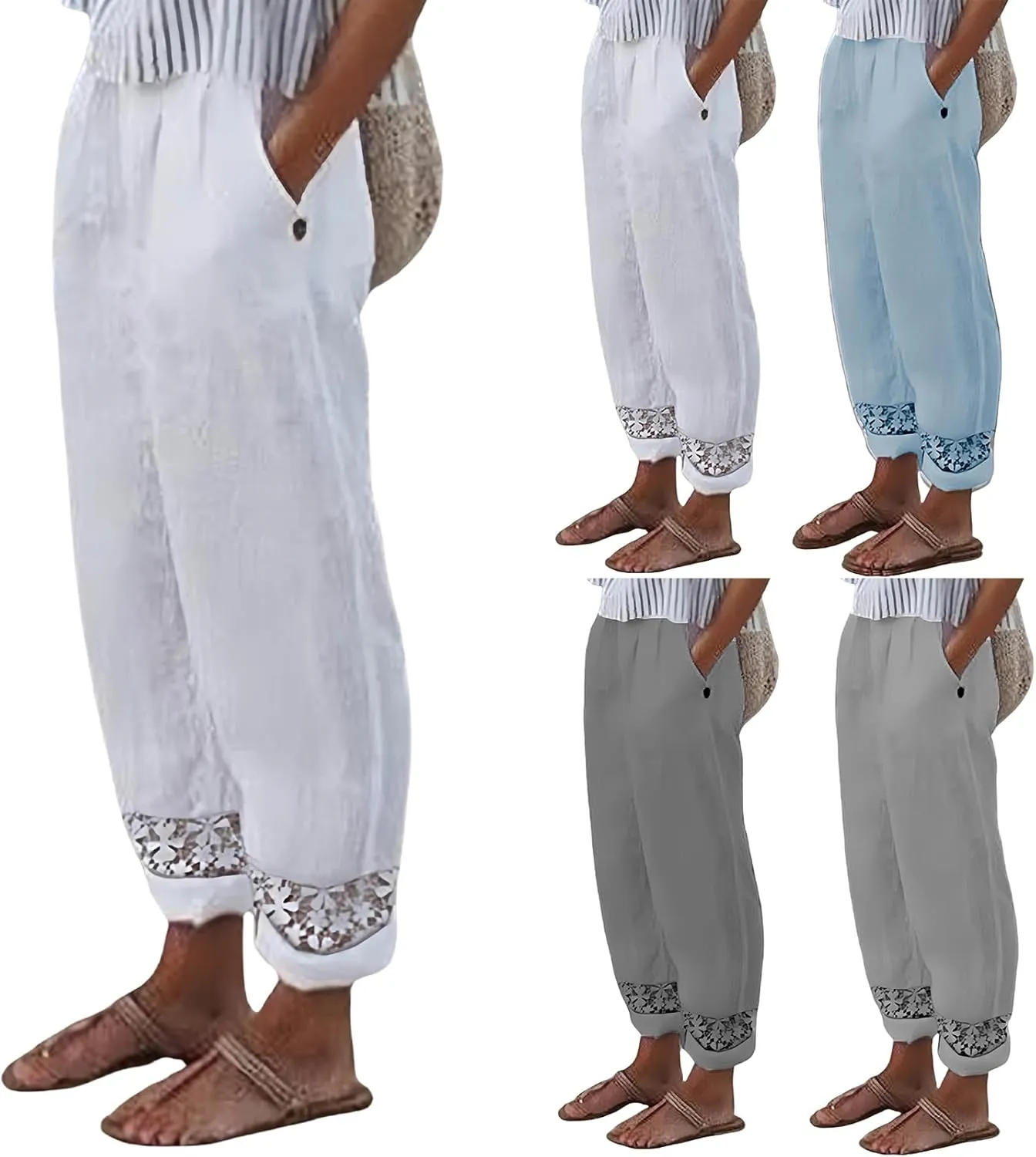 Cotton Linen Pants for Women Summer Elastic High Waisted Lightweight Wide Leg Beach Trousers Baggy Harem Pants