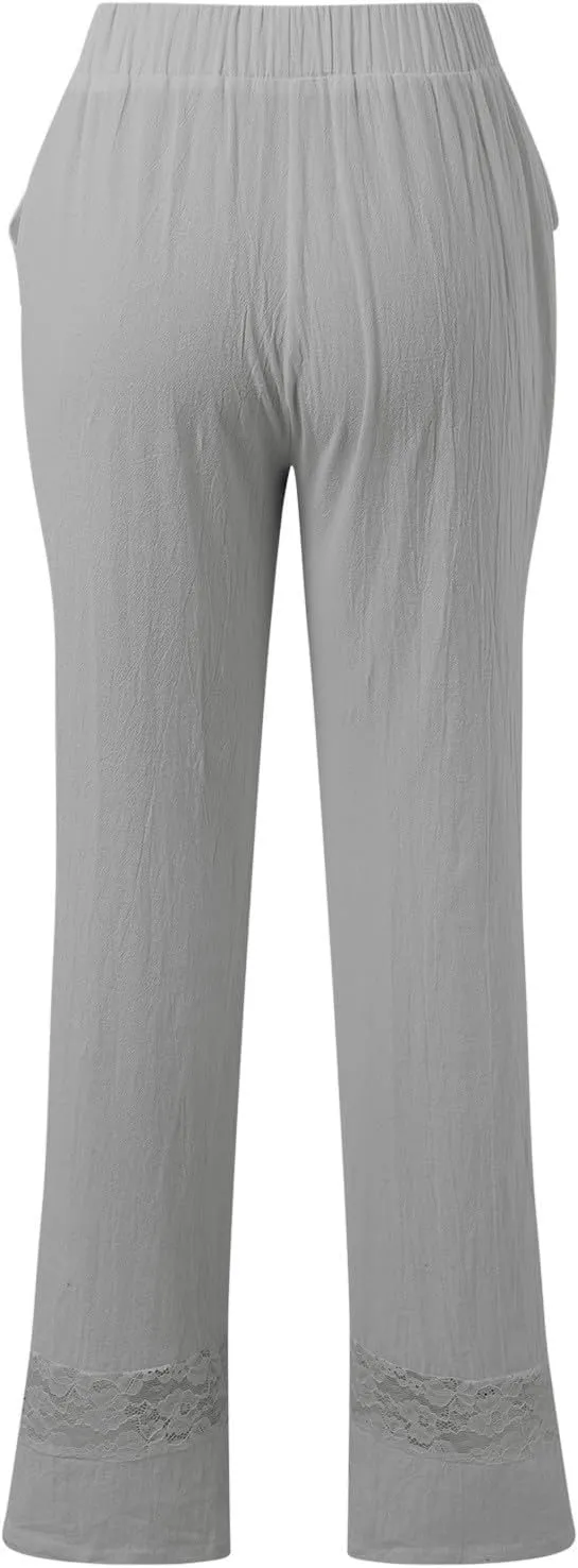 Cotton Linen Pants for Women Summer Elastic High Waisted Lightweight Wide Leg Beach Trousers Baggy Harem Pants