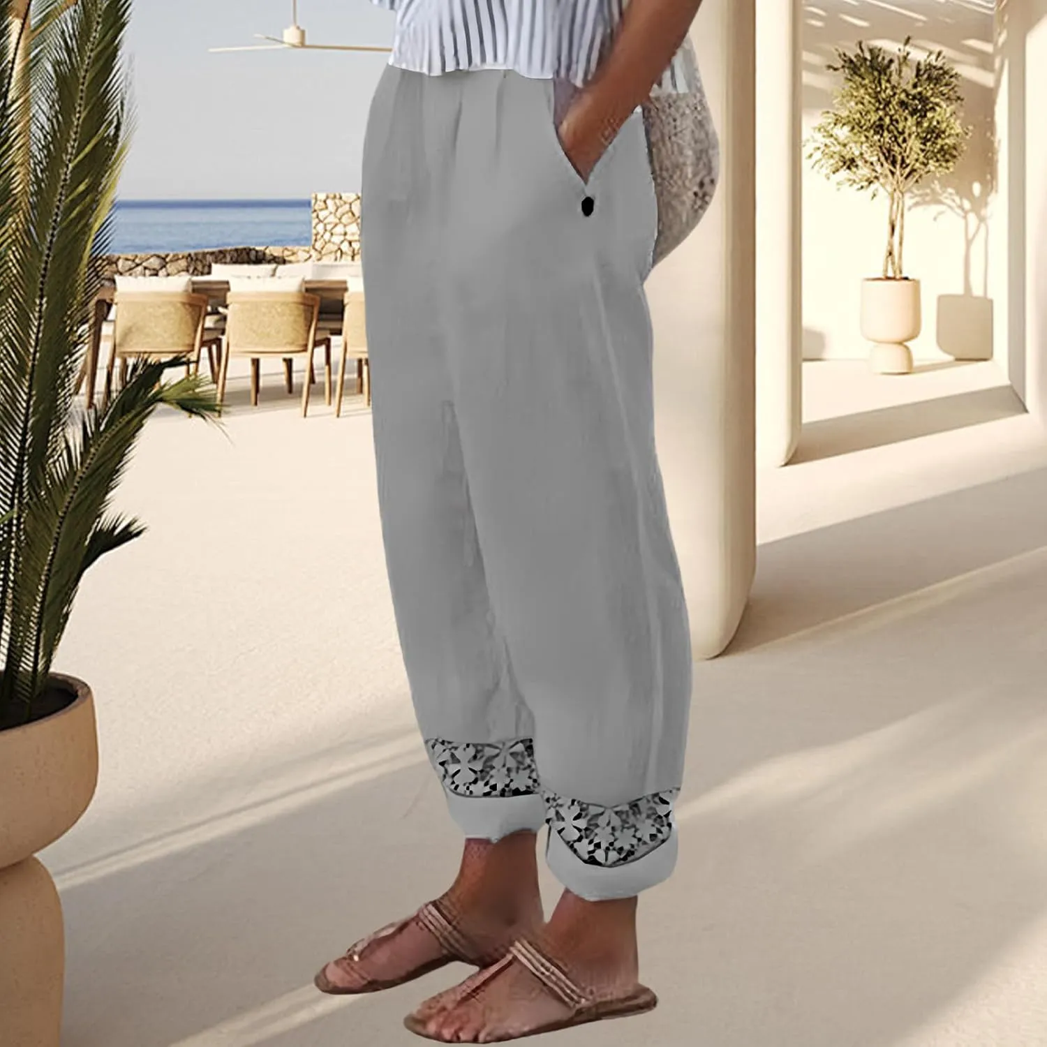 Cotton Linen Pants for Women Summer Elastic High Waisted Lightweight Wide Leg Beach Trousers Baggy Harem Pants