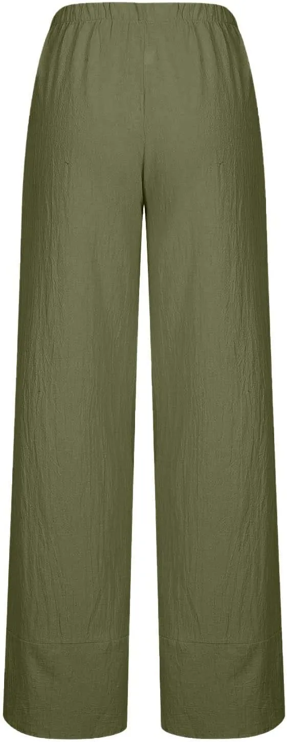 Cotton Linen Pants for Women Summer Wide Leg Capri Pants Petal Hem Baggy Cropped Trousers with Pockets