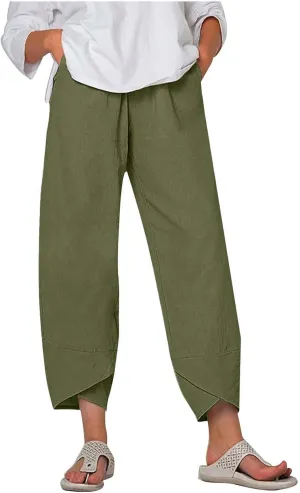 Cotton Linen Pants for Women Summer Wide Leg Capri Pants Petal Hem Baggy Cropped Trousers with Pockets