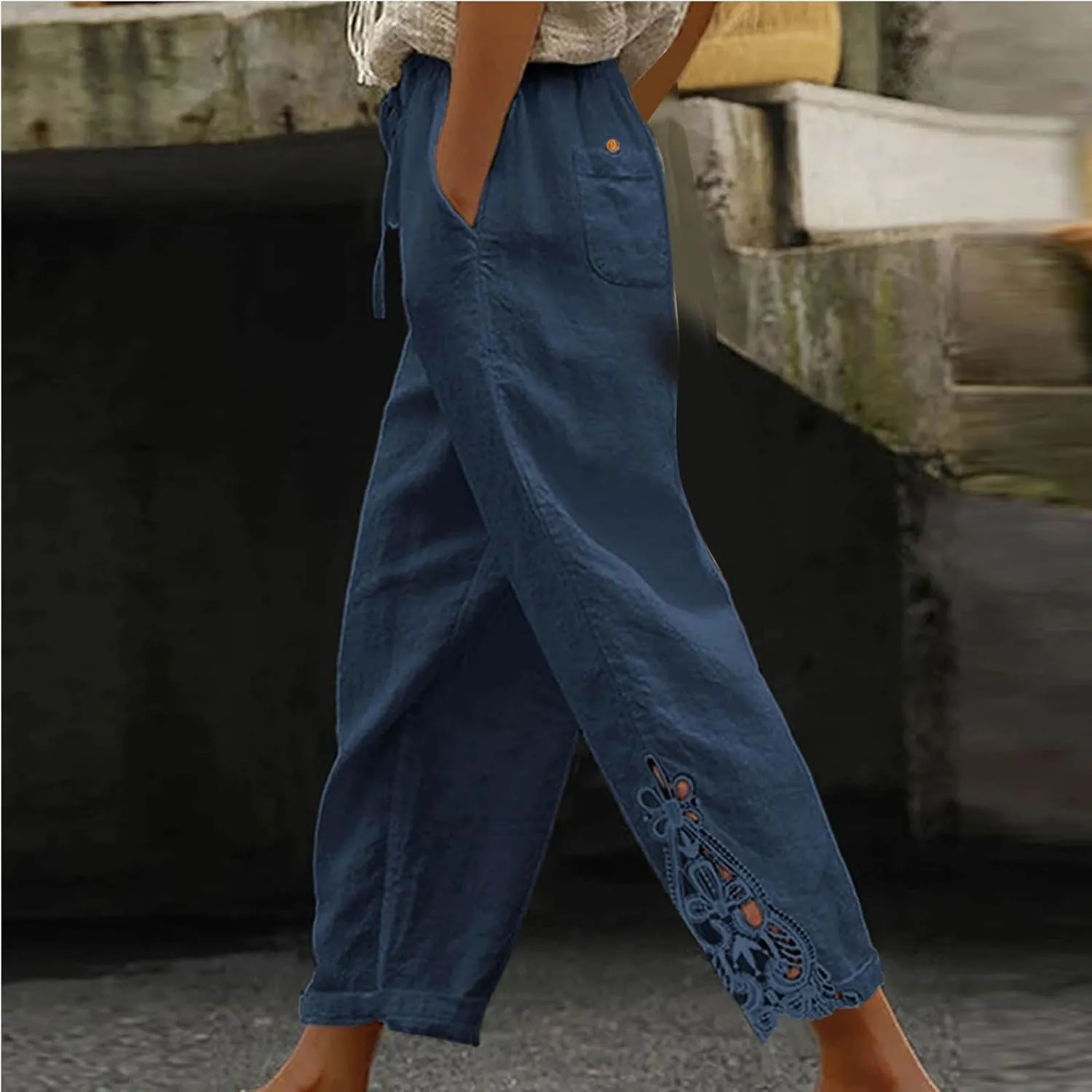 Cotton Linen Pants Women Summer Casual Loose Elastic High Waist Beach Trousers with Pockets Lace Buttom Capri Pants