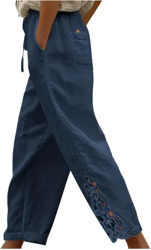 Cotton Linen Pants Women Summer Casual Loose Elastic High Waist Beach Trousers with Pockets Lace Buttom Capri Pants