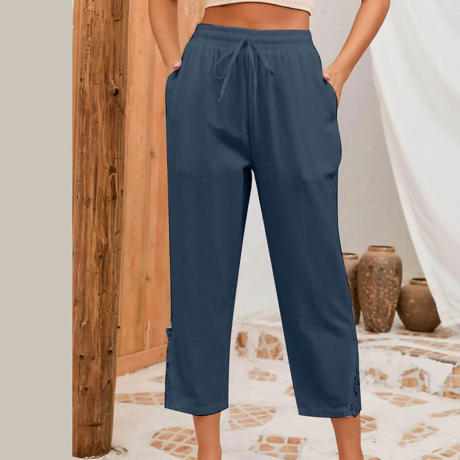 Cotton Linen Pants Women Summer Casual Loose Elastic High Waist Beach Trousers with Pockets Lace Buttom Capri Pants