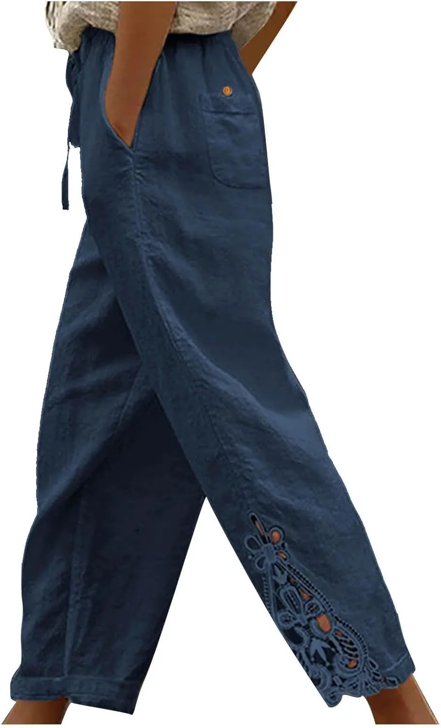 Cotton Linen Pants Women Summer Casual Loose Elastic High Waist Beach Trousers with Pockets Lace Buttom Capri Pants