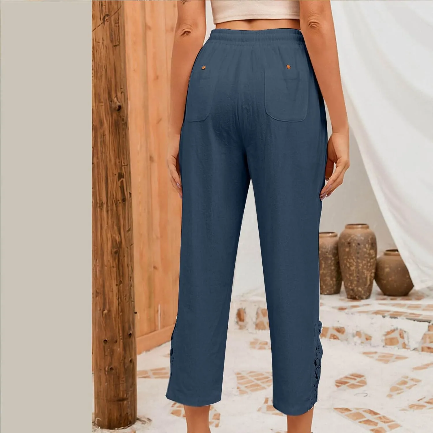 Cotton Linen Pants Women Summer Casual Loose Elastic High Waist Beach Trousers with Pockets Lace Buttom Capri Pants