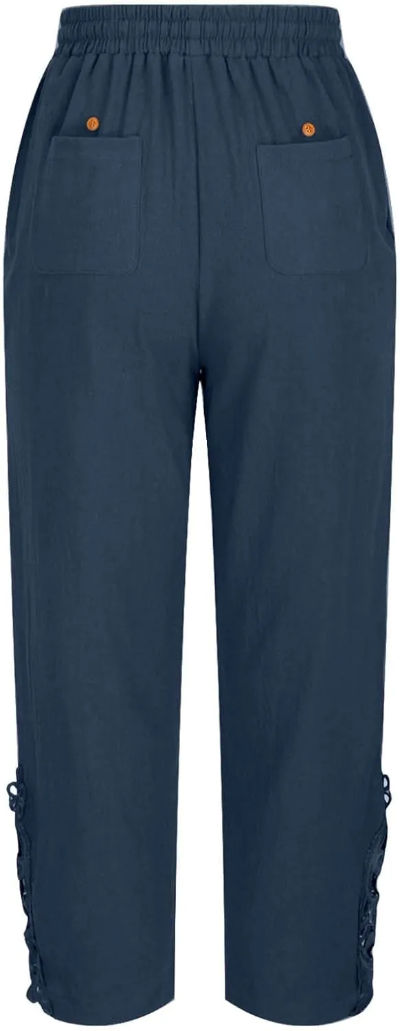 Cotton Linen Pants Women Summer Casual Loose Elastic High Waist Beach Trousers with Pockets Lace Buttom Capri Pants