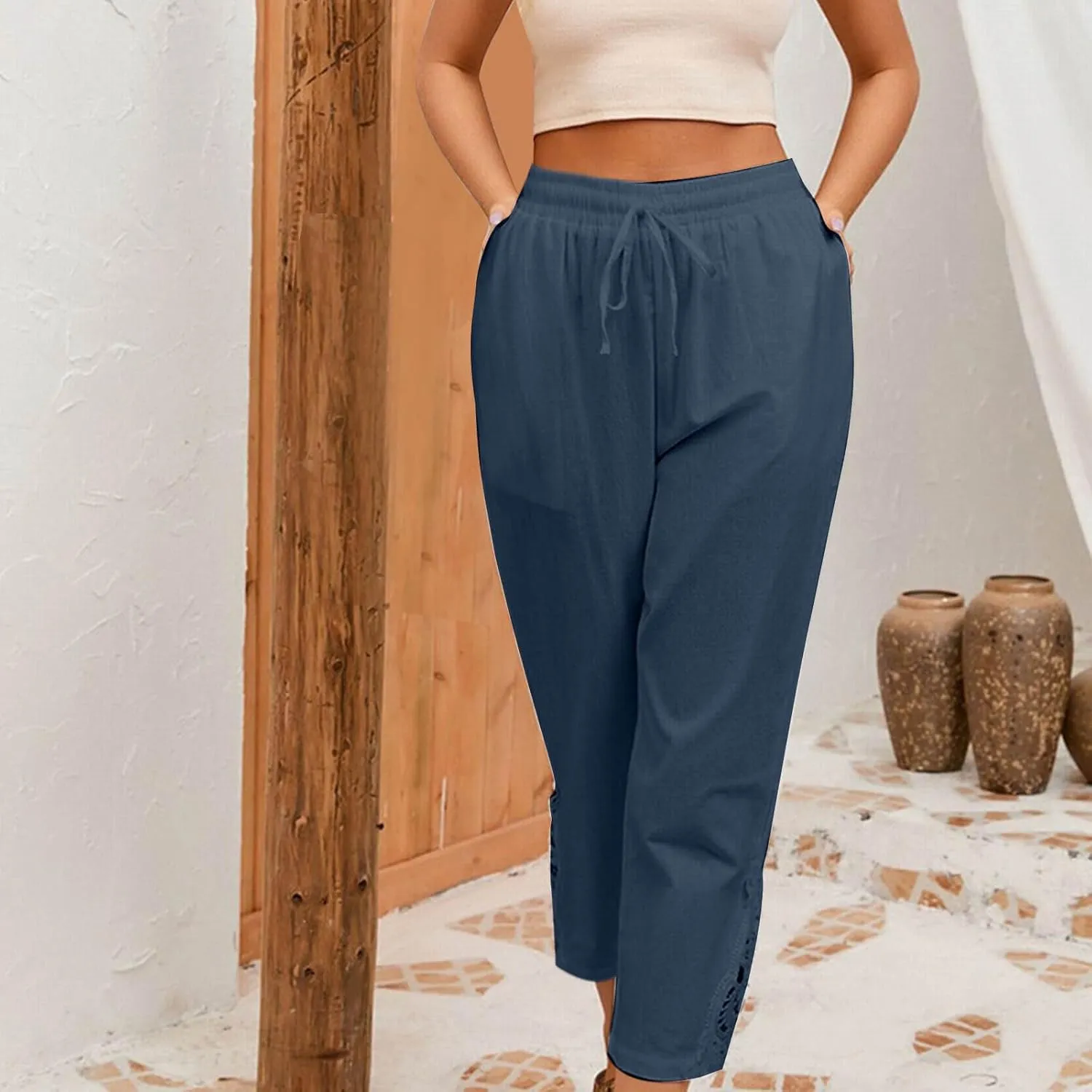 Cotton Linen Pants Women Summer Casual Loose Elastic High Waist Beach Trousers with Pockets Lace Buttom Capri Pants