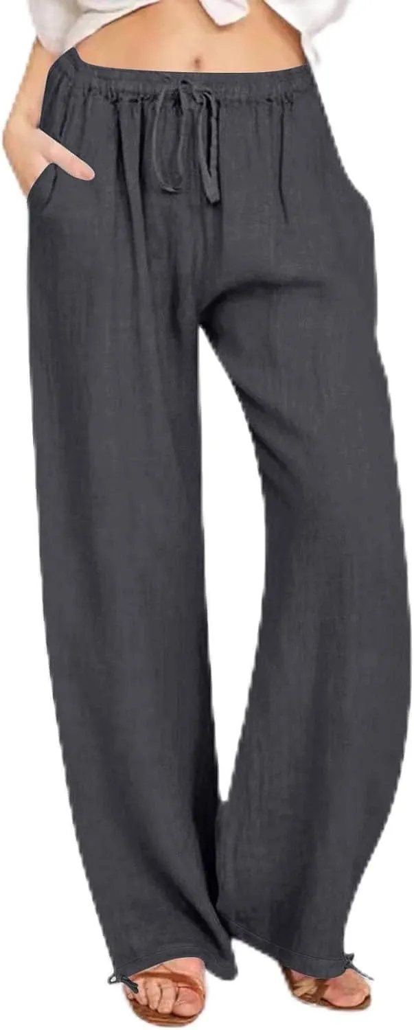 Cotton Linen Pants Women Summer Drawstring High Waisted Palazzo Casual Pants Straight Leg Beach Lightweight Lounge