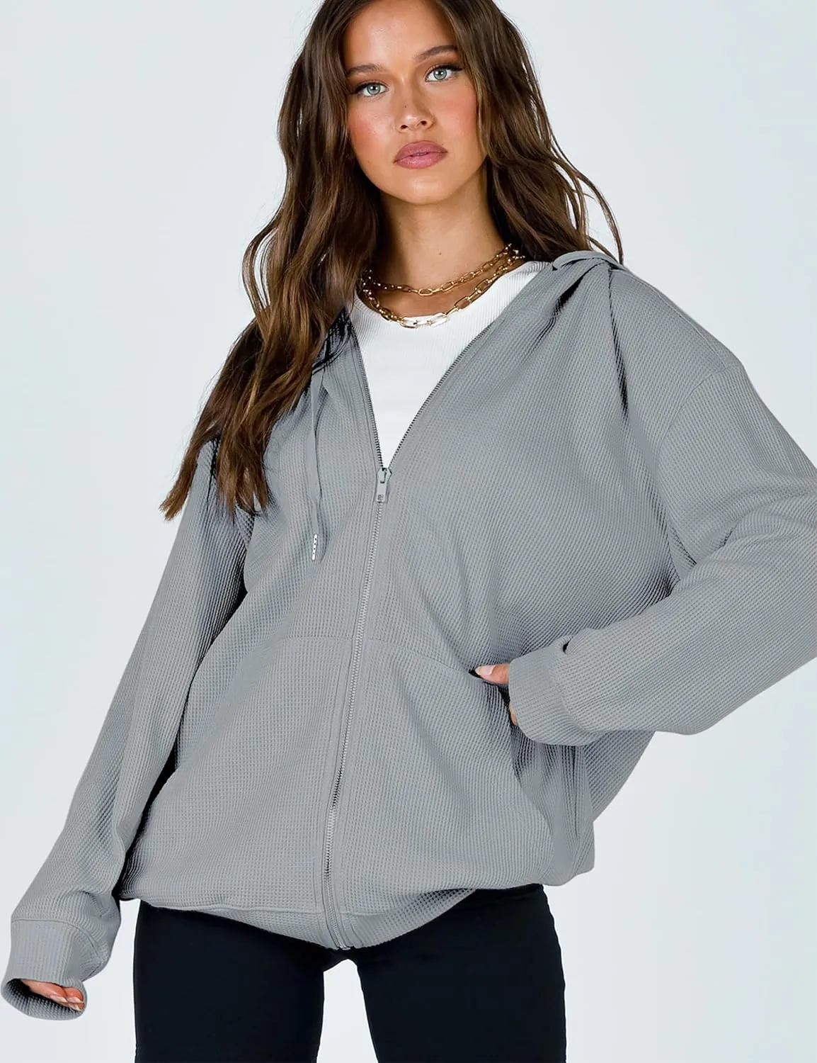 Cowasto Women's Waffle Zip Up Hoodie Casual Jacket Drawstring Long Sleeve Knit Hooded