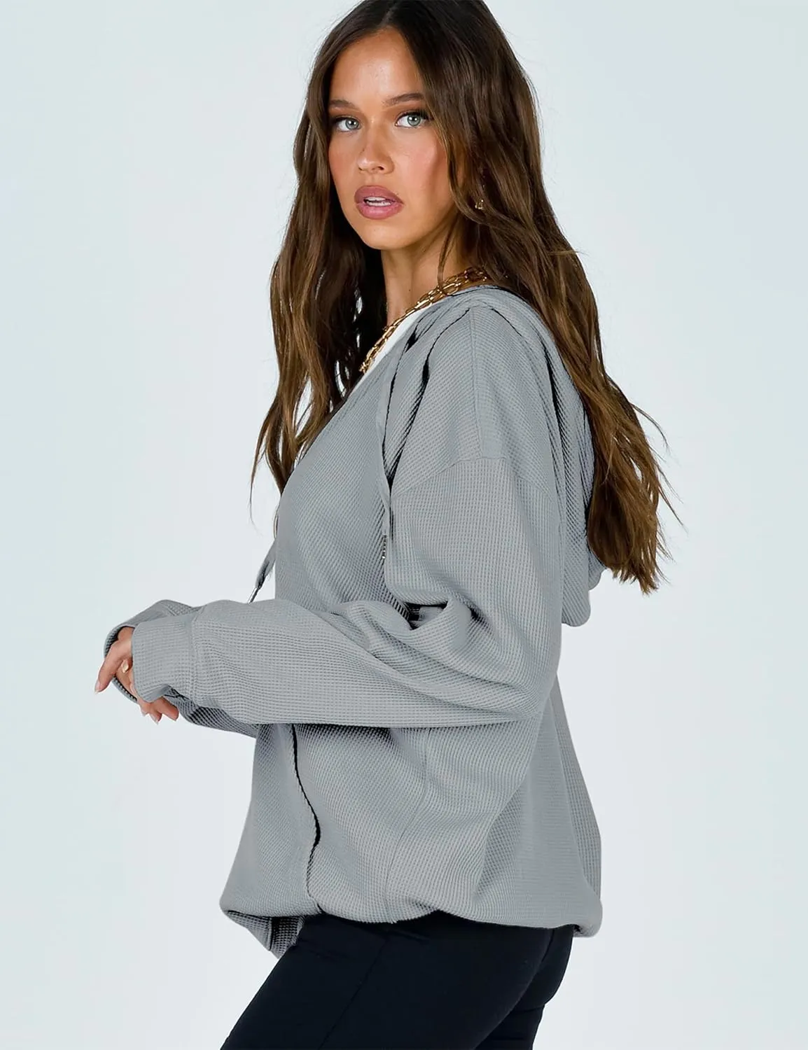 Cowasto Women's Waffle Zip Up Hoodie Casual Jacket Drawstring Long Sleeve Knit Hooded