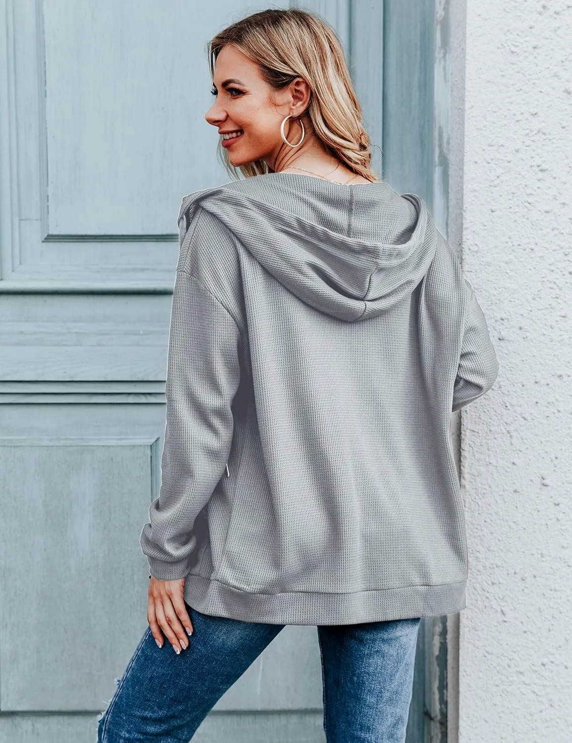 Cowasto Women's Waffle Zip Up Hoodie Casual Jacket Drawstring Long Sleeve Knit Hooded