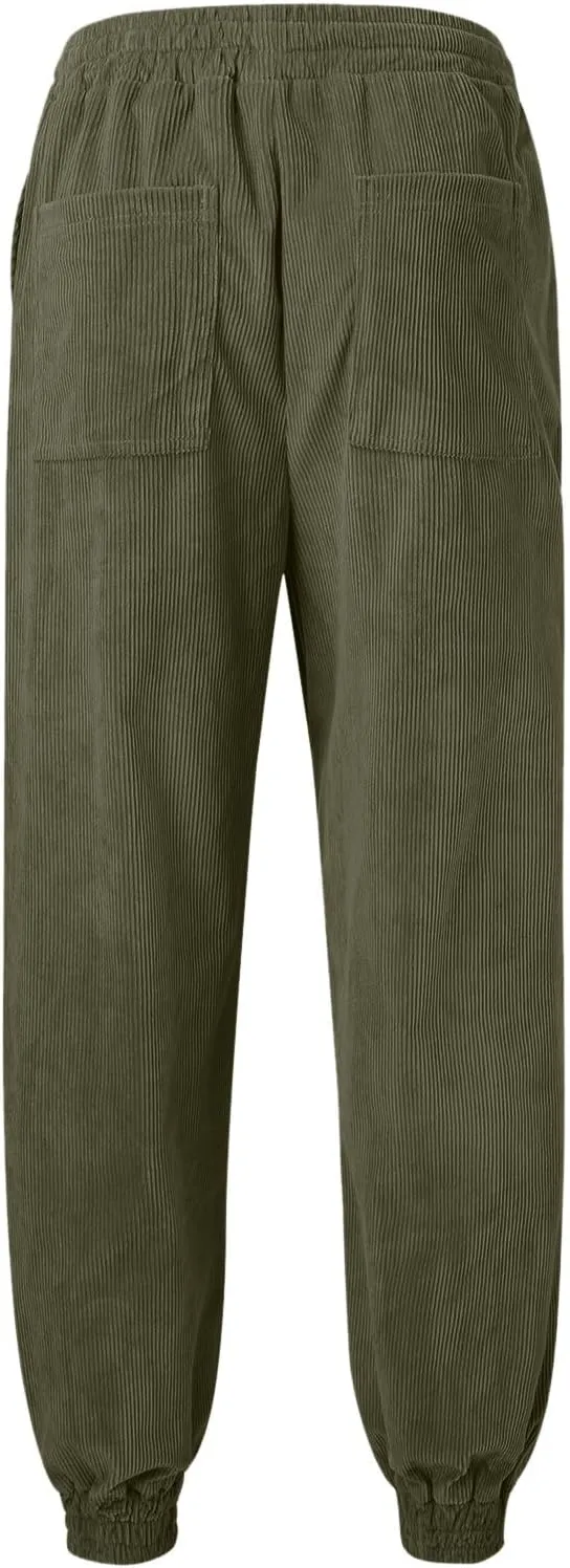 CRNTCEM Cuffed Corduory Sweatpant for Men Elastic Waist Casual Jogging Pants Winter Warm Straight Leg Athletic Harem Pants