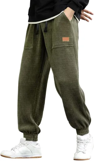 CRNTCEM Cuffed Corduory Sweatpant for Men Elastic Waist Casual Jogging Pants Winter Warm Straight Leg Athletic Harem Pants