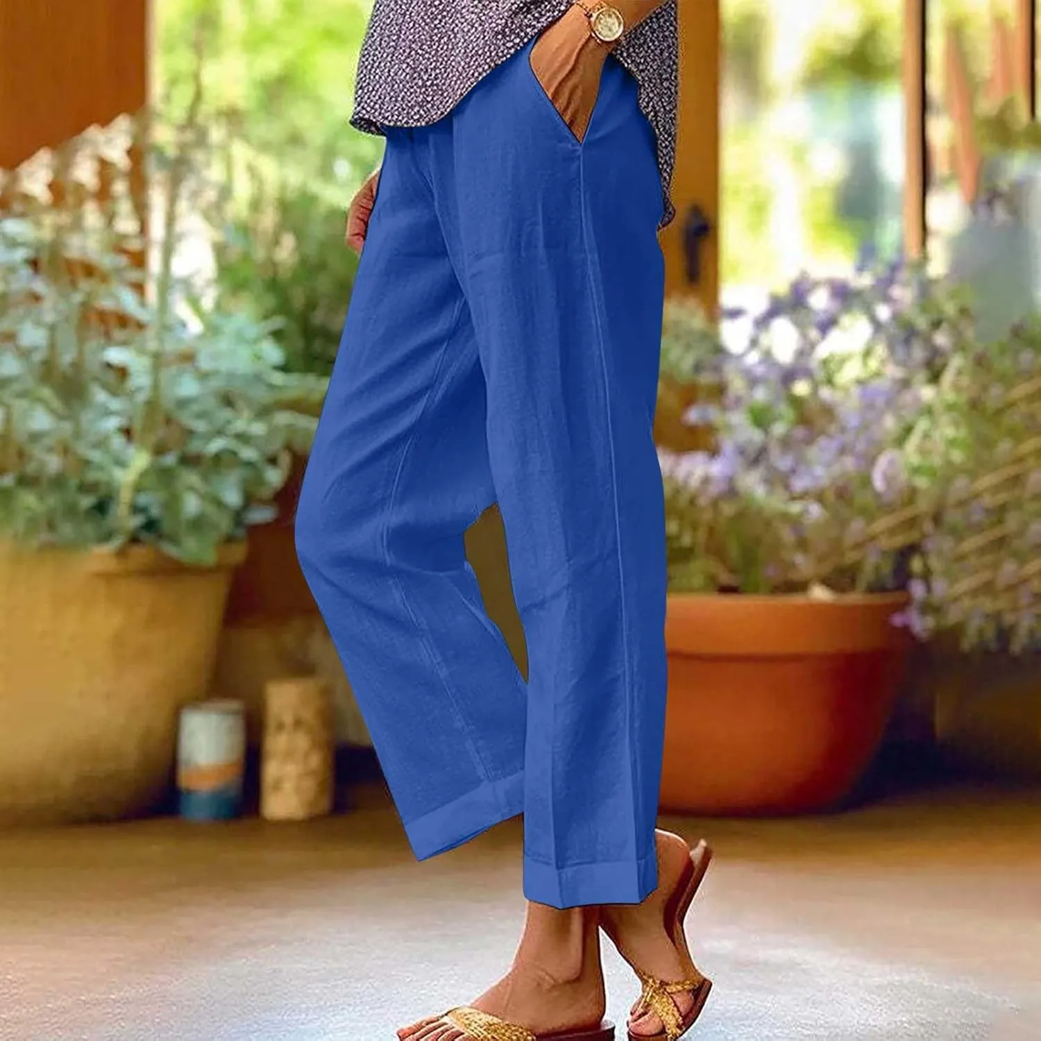 Cropped Linen Pant Women Summer Dressy Elastic Waist Straight Leg Plus Size Crop Pant Casual Beach Trouser with Pocket