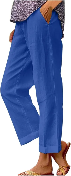 Cropped Linen Pant Women Summer Dressy Elastic Waist Straight Leg Plus Size Crop Pant Casual Beach Trouser with Pocket