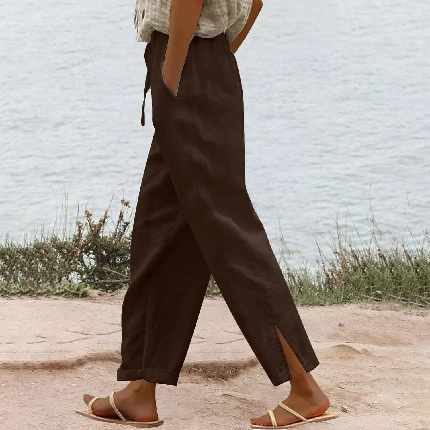 Cropped Linen Pants Women Summer Drawstring High Waisted Crop Lounge Pants Split Straight Leg Beach Pants with Pocket