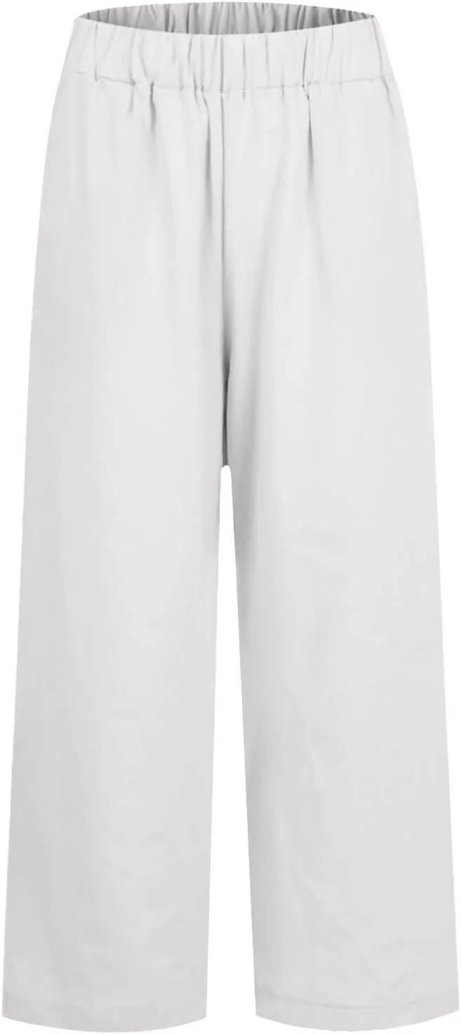 Cropped Linen Pants Women Summer Petite Plus Size Capri Pants Elastic Wide Leg Crop Pants Beach Trousers with Pockets