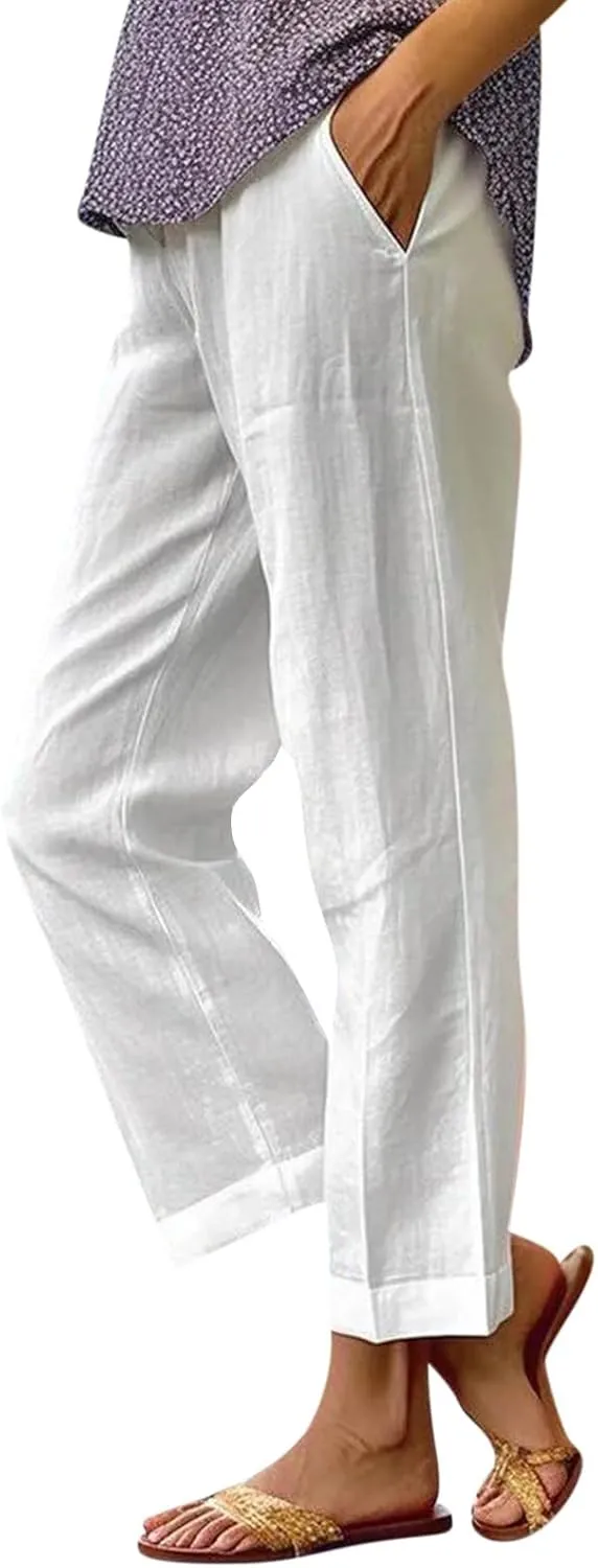 Cropped Linen Pants Women Summer Petite Plus Size Capri Pants Elastic Wide Leg Crop Pants Beach Trousers with Pockets