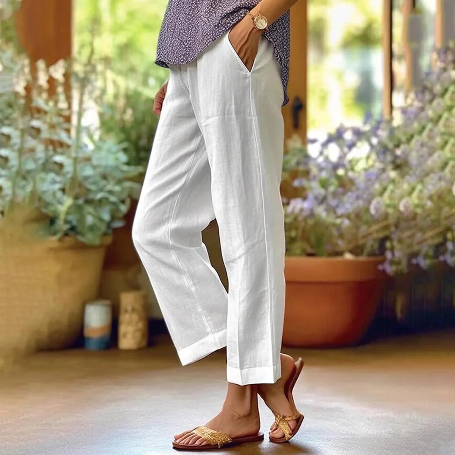 Cropped Linen Pants Women Summer Petite Plus Size Capri Pants Elastic Wide Leg Crop Pants Beach Trousers with Pockets