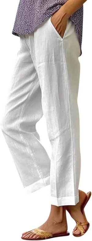 Cropped Linen Pants Women Summer Petite Plus Size Capri Pants Elastic Wide Leg Crop Pants Beach Trousers with Pockets