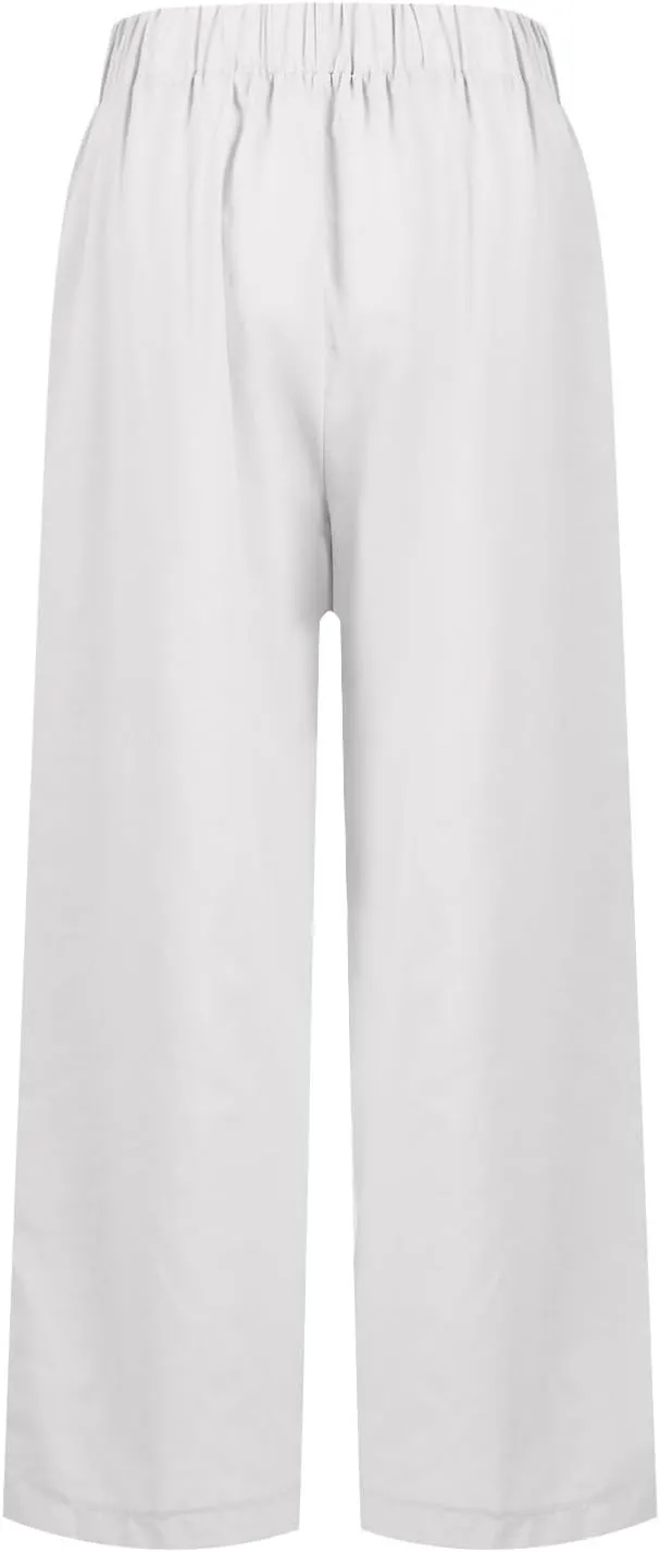 Cropped Linen Pants Women Summer Petite Plus Size Capri Pants Elastic Wide Leg Crop Pants Beach Trousers with Pockets