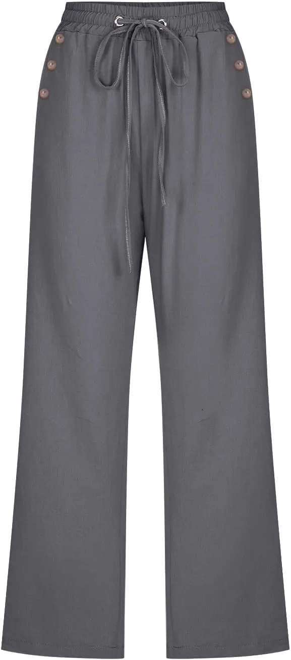 Cropped Trousers Women Drawstring Elasticated Waist Straight Leg Capri Pant Lounge Cotton Linen Shorts with Pockets