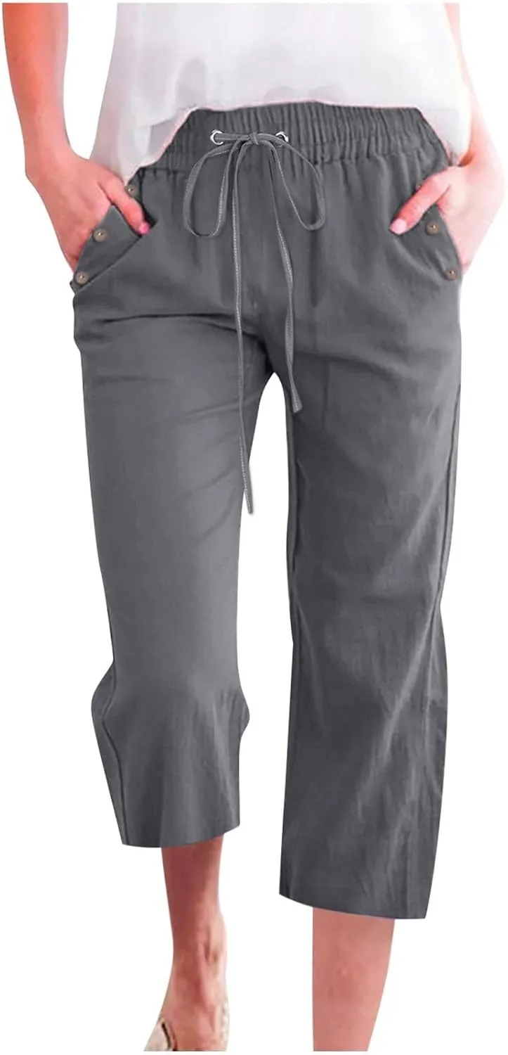 Cropped Trousers Women Drawstring Elasticated Waist Straight Leg Capri Pant Lounge Cotton Linen Shorts with Pockets