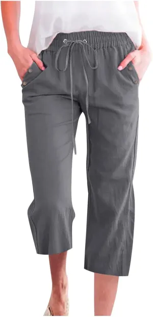 Cropped Trousers Women Drawstring Elasticated Waist Straight Leg Capri Pant Lounge Cotton Linen Shorts with Pockets