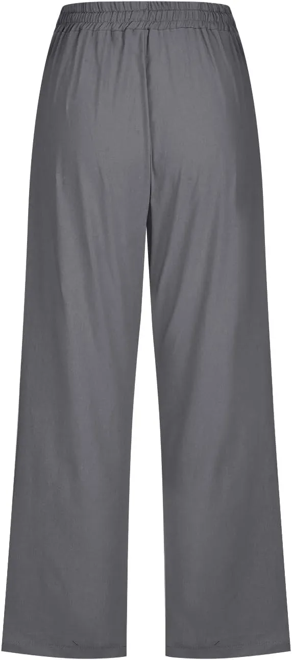 Cropped Trousers Women Drawstring Elasticated Waist Straight Leg Capri Pant Lounge Cotton Linen Shorts with Pockets