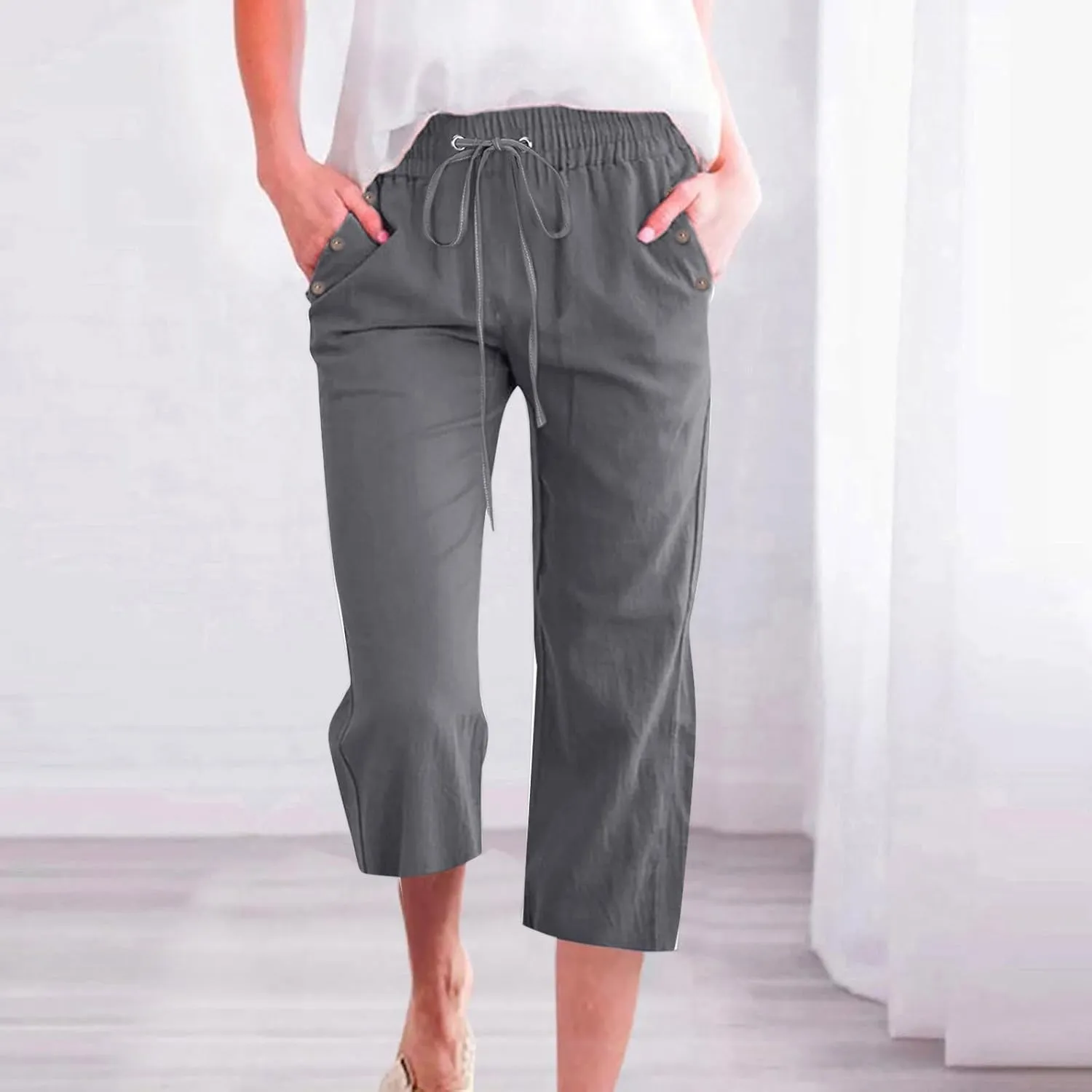 Cropped Trousers Women Drawstring Elasticated Waist Straight Leg Capri Pant Lounge Cotton Linen Shorts with Pockets