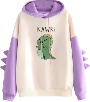 Cute Hoodies for Women Teen Girls Kawaii Japanese Dinosaur Hoodie Tops Stitching Long Sleeve Hooded Sweatshirts