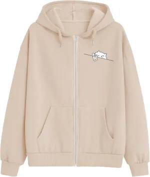 Cute Oversized Zip Up Hoodie for Teen Girls Kawaii Cartoon Cat Sweatshirt for Women Pockets Cotton Top Jackets Coat