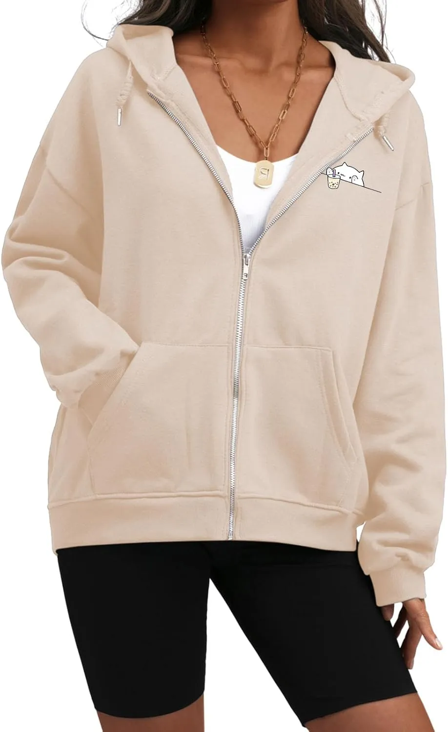 Cute Oversized Zip Up Hoodie for Teen Girls Kawaii Cartoon Cat Sweatshirt for Women Pockets Cotton Top Jackets Coat