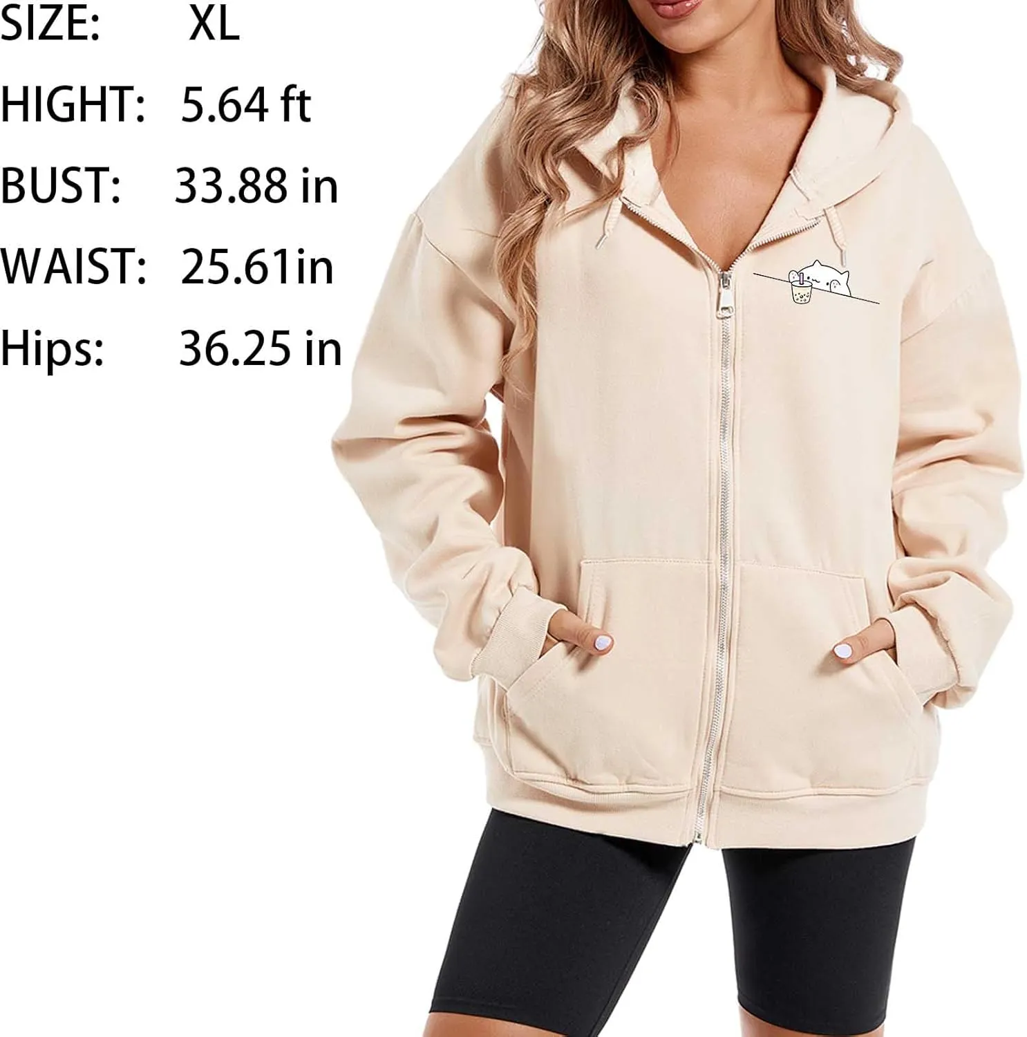 Cute Oversized Zip Up Hoodie for Teen Girls Kawaii Cartoon Cat Sweatshirt for Women Pockets Cotton Top Jackets Coat