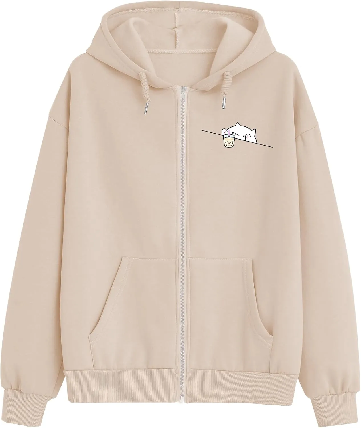 Cute Oversized Zip Up Hoodie for Teen Girls Kawaii Cartoon Cat Sweatshirt for Women Pockets Cotton Top Jackets Coat