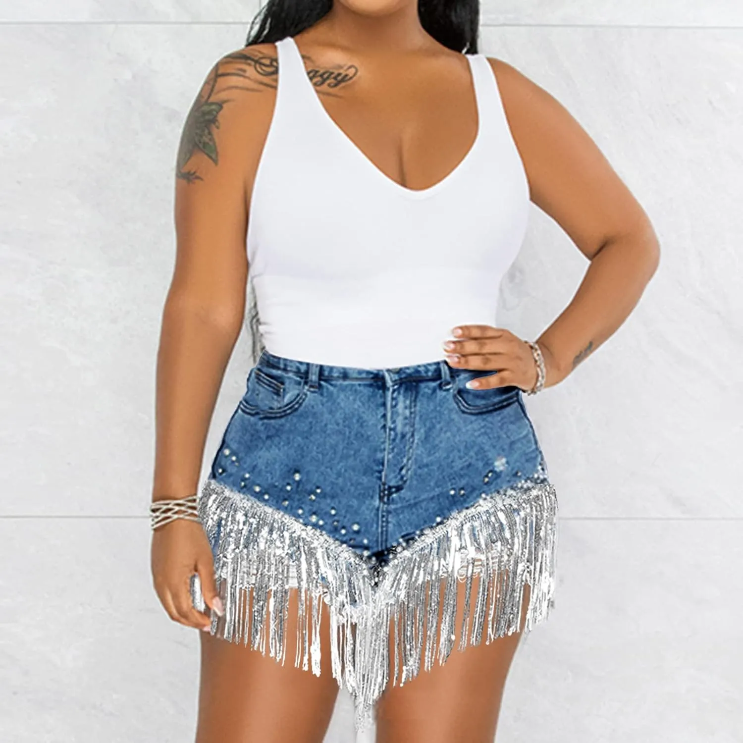 CYLADY Women High Waisted Denim Shorts Ripped Jeans Frayed Raw Hem Tassels Jean Shorts