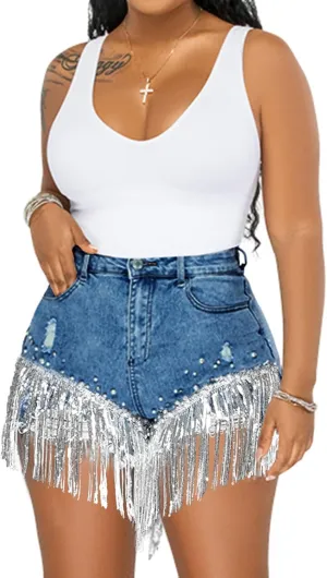 CYLADY Women High Waisted Denim Shorts Ripped Jeans Frayed Raw Hem Tassels Jean Shorts