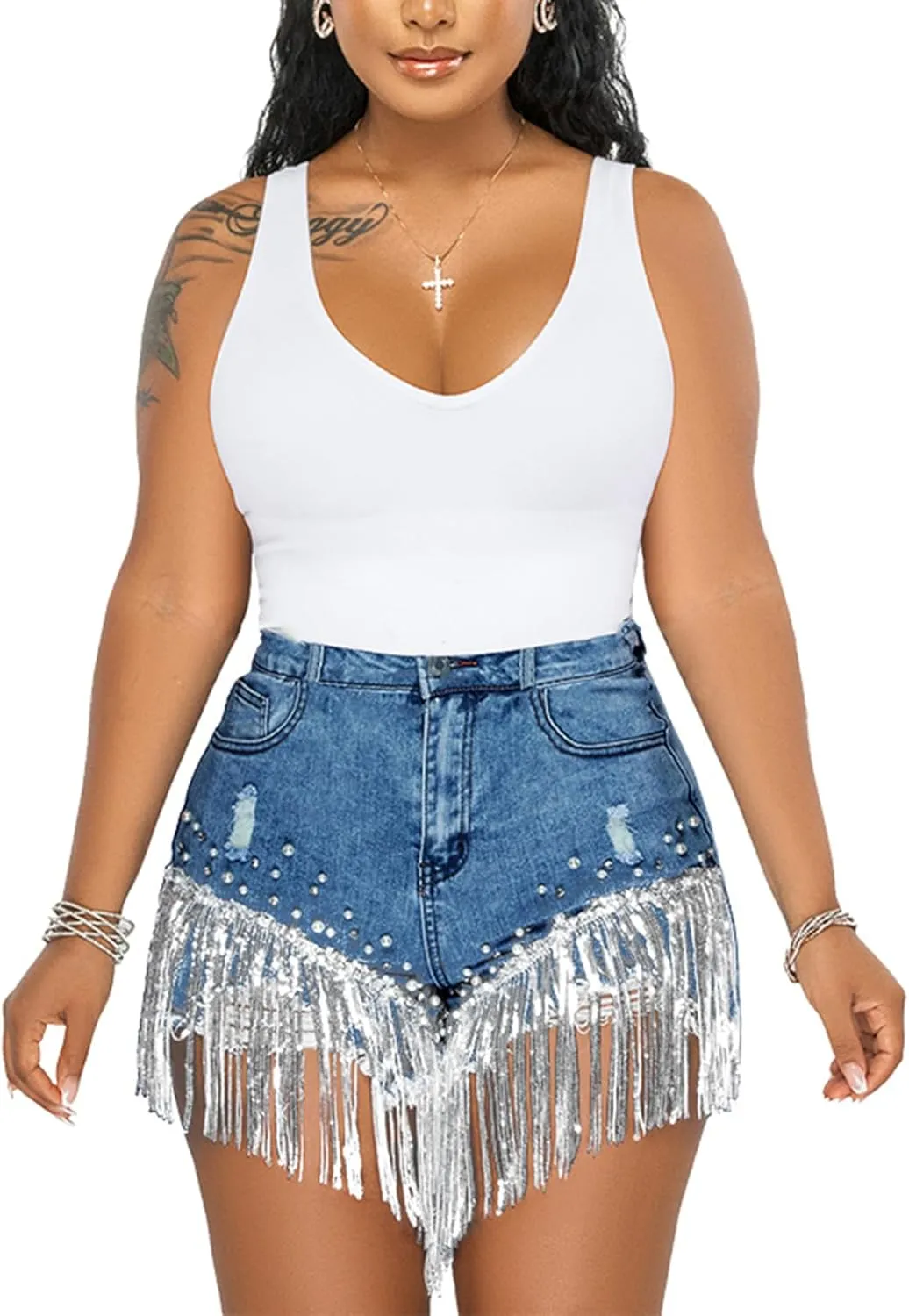 CYLADY Women High Waisted Denim Shorts Ripped Jeans Frayed Raw Hem Tassels Jean Shorts