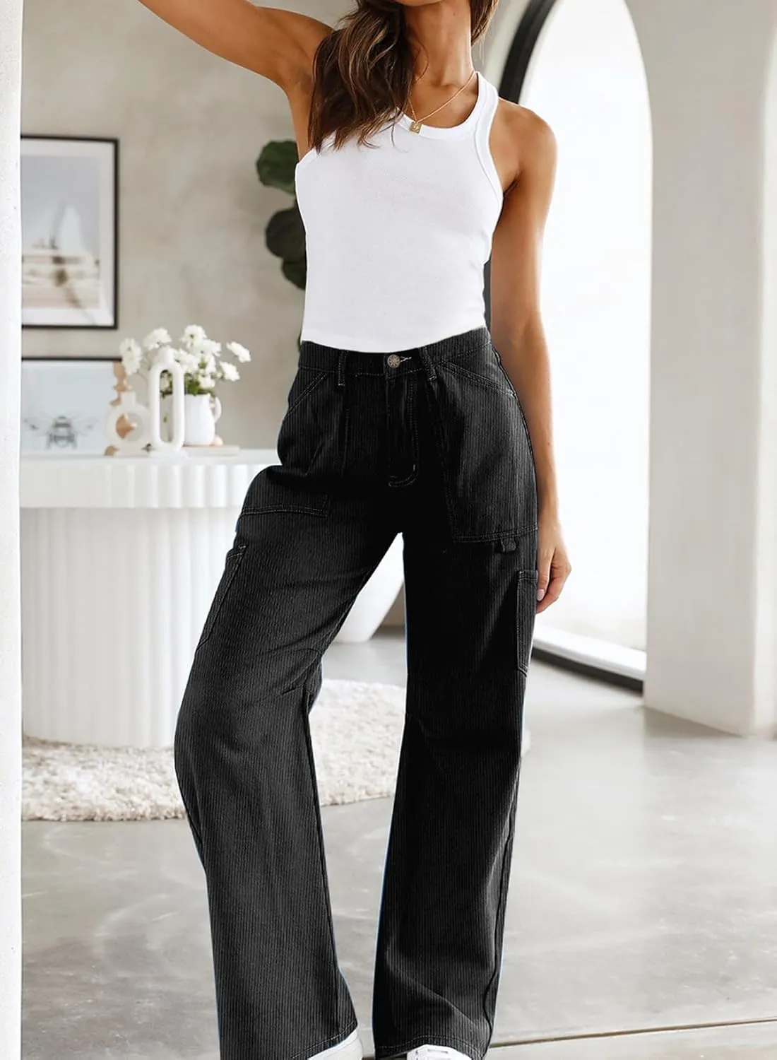Dokotoo Cargo Long Pants Women 2024 Wide Leg High Waisted with Pockets Casual Pants