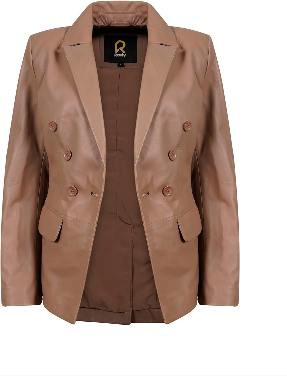 Double Breasted Fancy Buttons Lambskin Leather Blazer Women - Casual Coat Long Sleeves Style Leather Jacket for Women